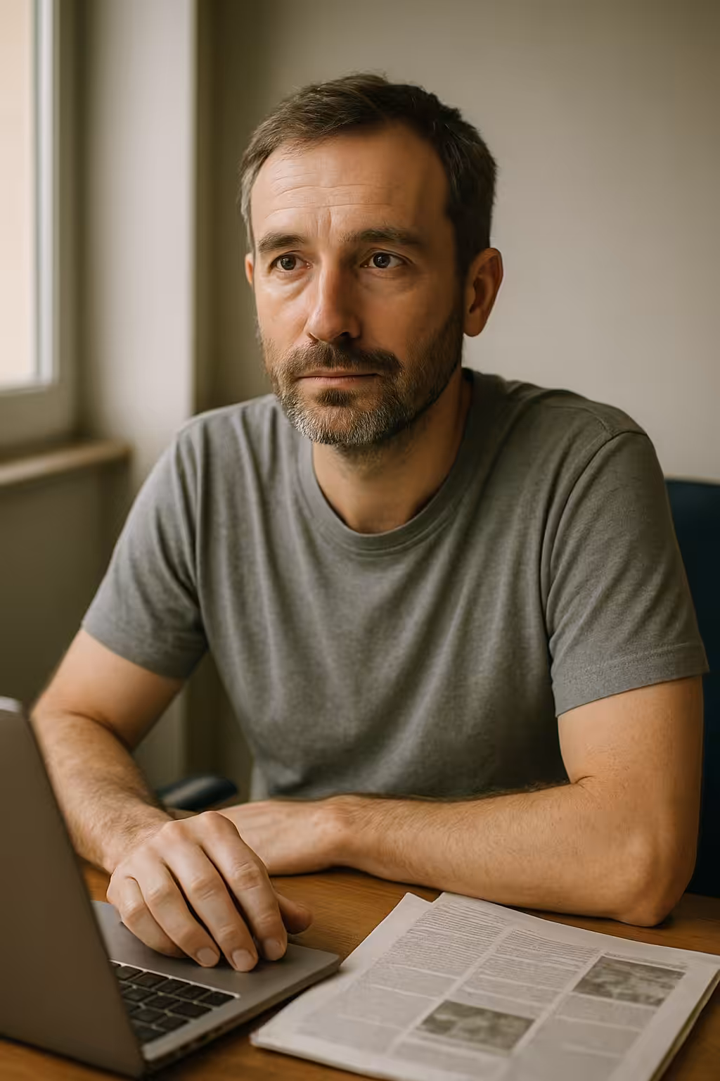 Homme devant ordinateur et journal, pensif.